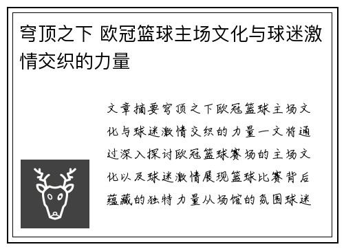 穹顶之下 欧冠篮球主场文化与球迷激情交织的力量